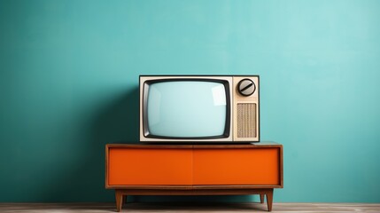 Retro old television on a table in the living room with solid color walls.