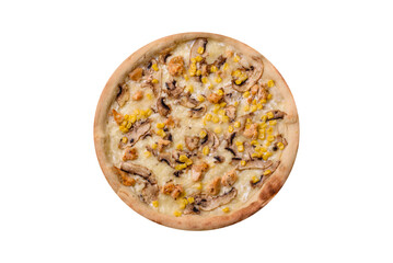 Delicious pizza with corn, cheese, tomatoes and mushrooms, salt, spices and herbs