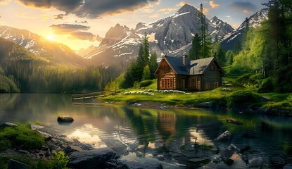 A beautiful cabin in the mountains, with green grass and trees around it, surrounded by water that reflects its surroundings