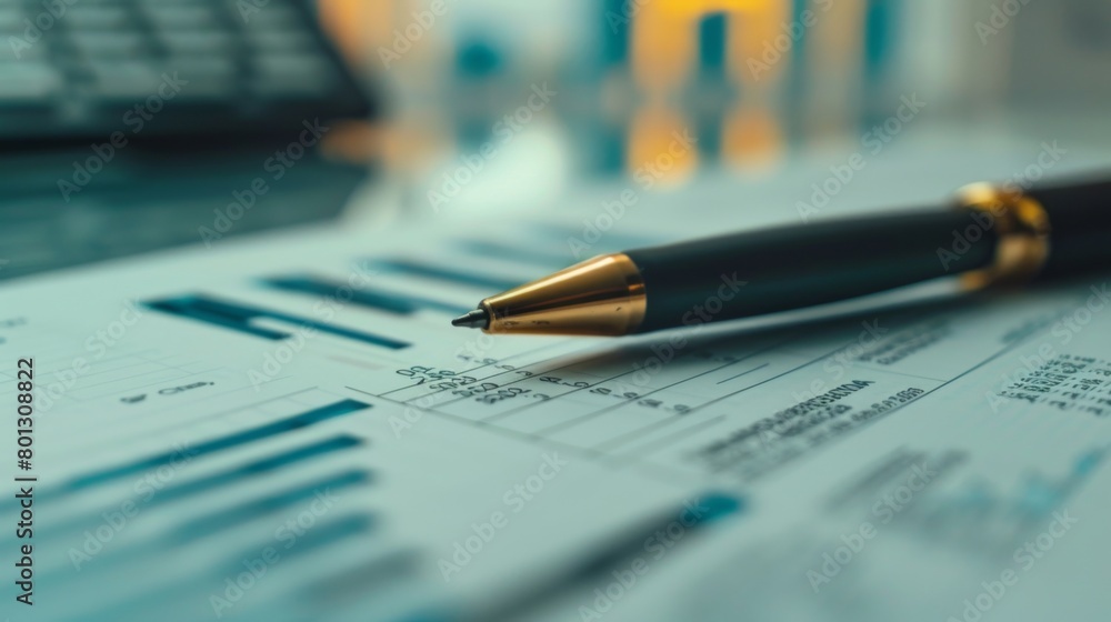 Aufkleber Close-up of a pen analyzing details on a financial report with a business graph in the background, illustrating thorough examination and analysis.