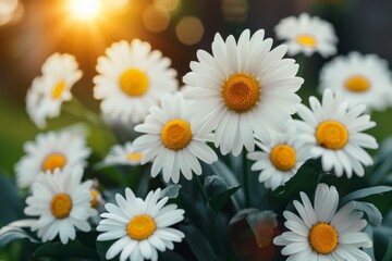 Scenic sunset view  beautiful green field with bright blooming daisies under the golden sky