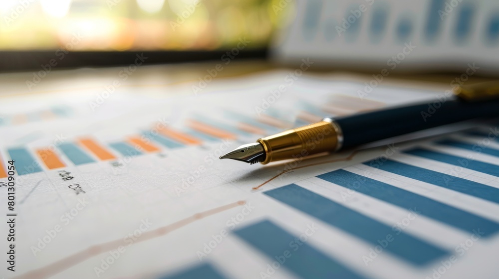 Poster close-up of a pen analyzing details on a financial report with a business graph in the background, i