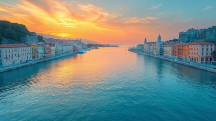 Aerial photograph showcases a vibrant sunset over the picturesque quay of Trieste, Italy, with beautifully lit historic buildings.