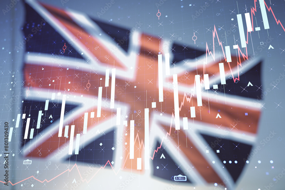 Poster multi exposure of virtual abstract financial graph interface on british flag and sunset sky backgrou