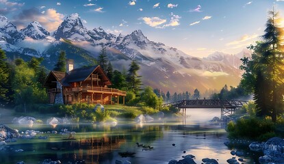 A beautiful mountain landscape with snowcapped peaks, a wooden house by the lake surrounded by pine...