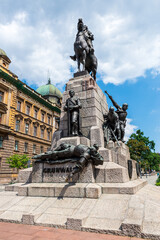 Obraz premium Grunwald Monument in Kraków, Poland. The equestrian statue was built in 1910. It commemorates the 500th anniversary of the Battle of Grunwald.