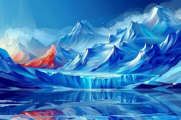 A painting of blue icy mountains with a red peak reflecting in a lake.