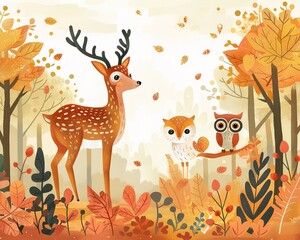 Serene woodland scene birthday card mockup, Vivid illustration of a deer with majestic antlers and two owls perched on a branch, set against a backdrop of an autumnal forest.