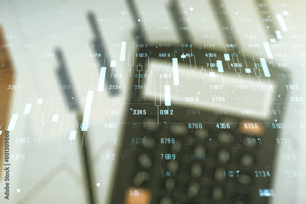Poster abstract virtual stats data hologram on calculator background. multiexposure
