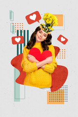 Vertical photo collage of smile girl hole head chrysanthemum bouquet heart celebration valentine...