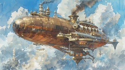 steam - powered airship flying over a cityscape, with a white cloud in the background and a large s