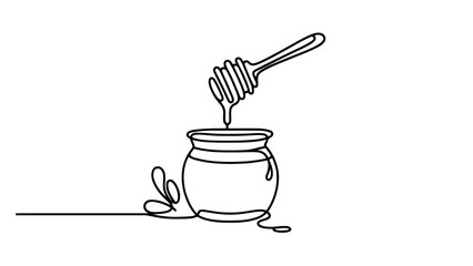 A continuous line drawing of a honey jar with a dipper