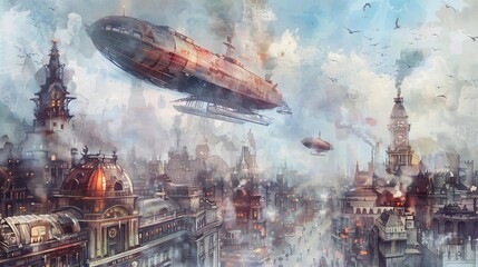 steampunk cityscape featuring a towering building and a large ship in the distance