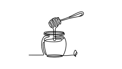 A continuous line drawing of a honey jar with a dipper pouring honey