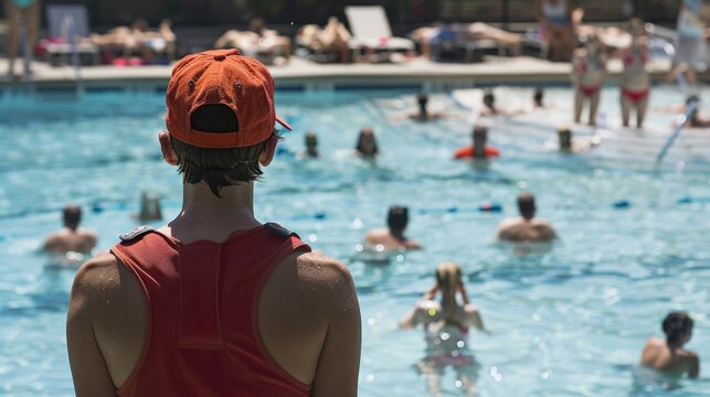 A lifeguard watching over swimmers at a busy public pool