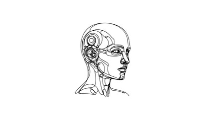 A continuous line drawing of a realistic android head