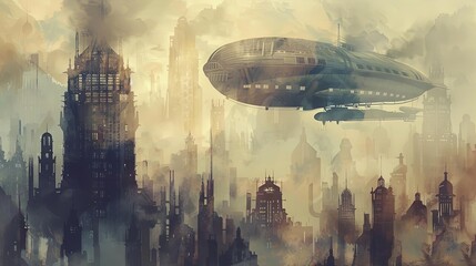 steampunk cityscape featuring a towering building and a large aircraft in the foreground