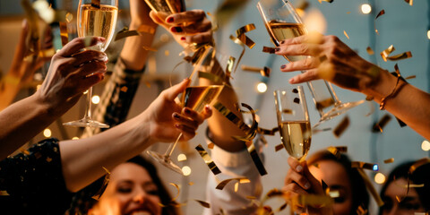 A group of people celebrating an event with champagne glasses, confetti, and live music provided by...