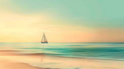 A tranquil beach scene at sunset, soft golden sands, calm turquoise waters, a distant sailboat. 