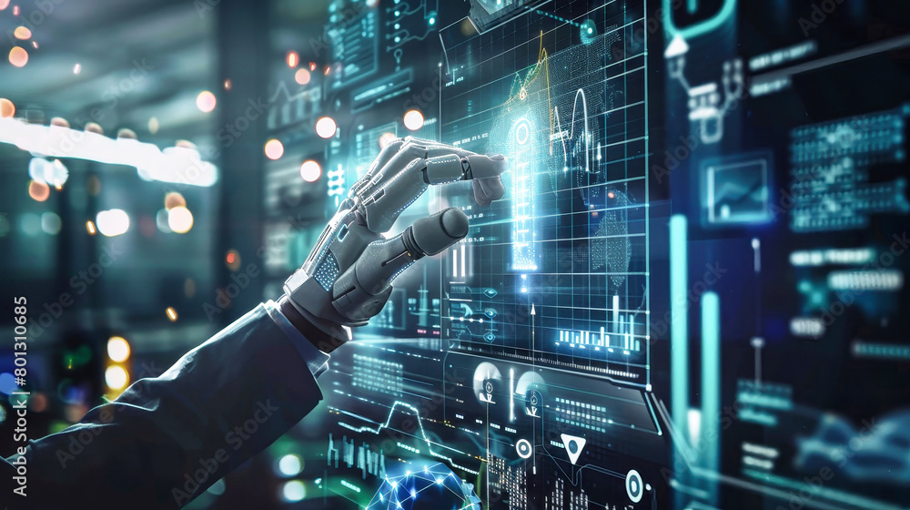 Poster a futuristic robot extends its mechanical hand to touch a brightly lit screen, showcasing a seamless