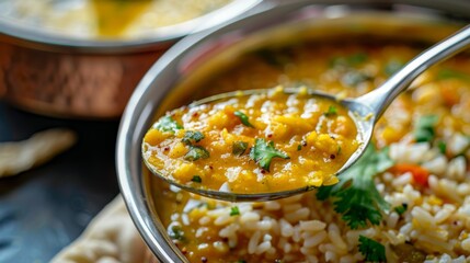 Close-up of a spoon scooping up a mouthful of aromatic dal from a traditional Indian thali, showcasing the creamy texture and rich flavors of this staple dish.