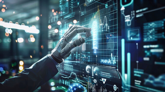 A futuristic robot extends its mechanical hand to touch a brightly lit screen, showcasing a seamless interaction between human and artificial intelligence