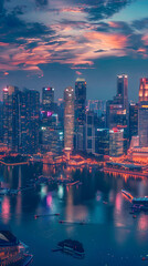 A dazzling, night-time panorama of Singapore's bustling cityscape and local attractions - obrazy, fototapety, plakaty