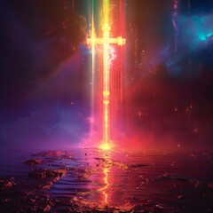 Christian cross on a colorful background. 