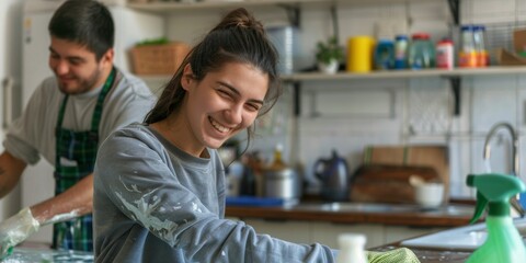 Happy young biracial couple cleaning. Young man and woman doing housework with gloves. While her husband mop, Hispanic woman cleans kitchen counter. - Powered by Adobe