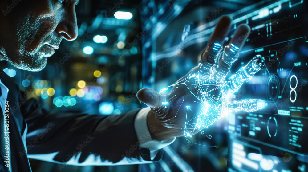Poster a man in a sleek suit engaging with a futuristic digital interface, showcasing a dynamic interaction