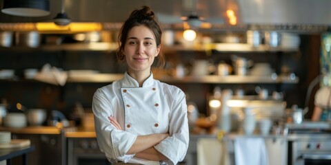 Woman chef and businesswoman standing arms crossed in a restaurant kitchen. Confident, skilled, and professional worker staring at camera for business, job, or hospitality