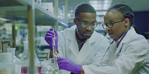 Young black scientist and female coworker check sample bottle.Medics conducting lab research together. Diverse lab staff examined products - Powered by Adobe