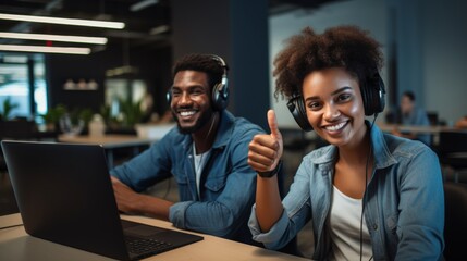 Happy young African American contact center telemarketing agent talking on a headset while working on a computer with a coworker in an office. Confident, friendly male customer service - Powered by Adobe