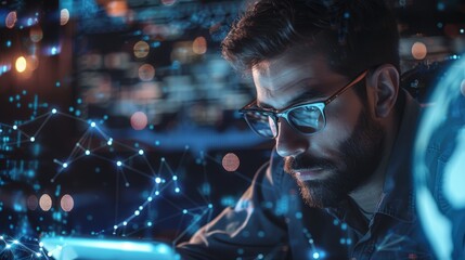 Globe, tablet hologram, and businessman in global network, digital overlay, or futuristic data analysis. Holographic, night technology, global research, online coding, and software