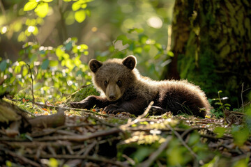 A bear cub lounging in the forest