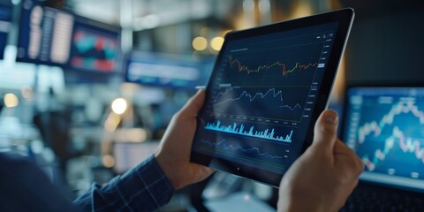 Business hands, tablet graphs, and stock market, global investment, and UI data analytics. Economic, financial, and trading analysis using online facts on screen app