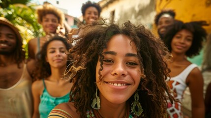 Fototapeta premium Friends, selfies, urban city, gen z, and university student smiles for social media. Portrait, profile, and diversity of young individuals on a vacation street in fashionable manner.
