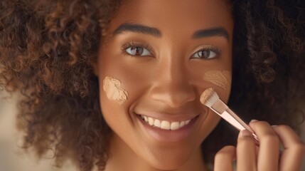 Obraz premium Face, makeup, and woman in studio for beauty, product, foundation, shade, and glamour closeup. Portrait, base, and skincare by joyful, smiling black woman pleased about contouring, results