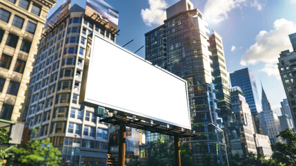 A billboard stands prominently in the bustling cityscape, showcasing an advertisement in a mockup design