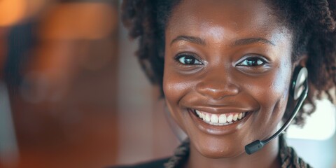 Portrait of a smiling African American contact center telemarketing agent in office using headset. Face of confident and friendly businesswoman working helpdesk for sales and customer service.