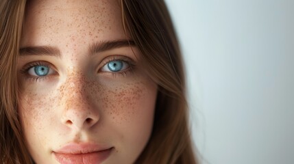 Fototapeta premium Facial or skincare, woman Glowing blue eyes for vision, retina scan cybersecurity innovation for future AI. For model eyebrows, eyelashes, or facial makeup, zoom, portrait, or texture.