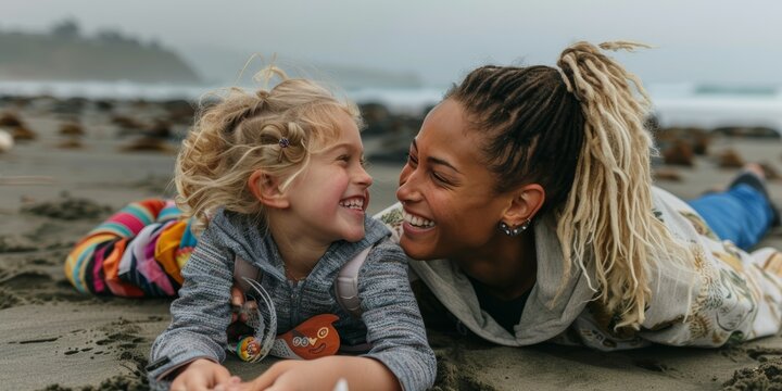 A cheerful, mixed-race mother and her cute daughter lie on the beach. Mother and daughter bonding on a warm day. Woman-child face-to-face