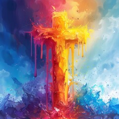 Christian cross on a colorful background. 