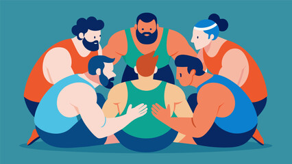 A group of wrestlers huddle together practicing mental toughness exercises and discussing ways to stay focused and motivated during their