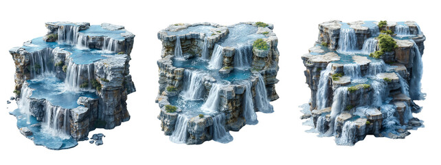 Set of  waterfalls with blue water isolated on transparent or white background. 3D rendering.