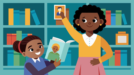 In the childrens section of the library a young girl excitedly holds up a book about prominent African American figures while the librarian reads. Vector illustration