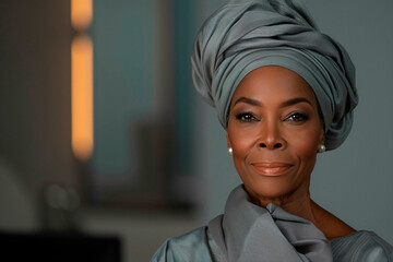 A sophisticated African woman in a stately headwrap gazes confidently at the camera in a softly lit portrait