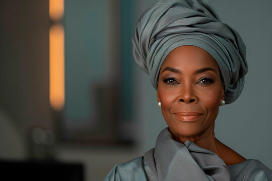 A sophisticated African woman in a stately headwrap gazes confidently at the camera in a softly lit portrait