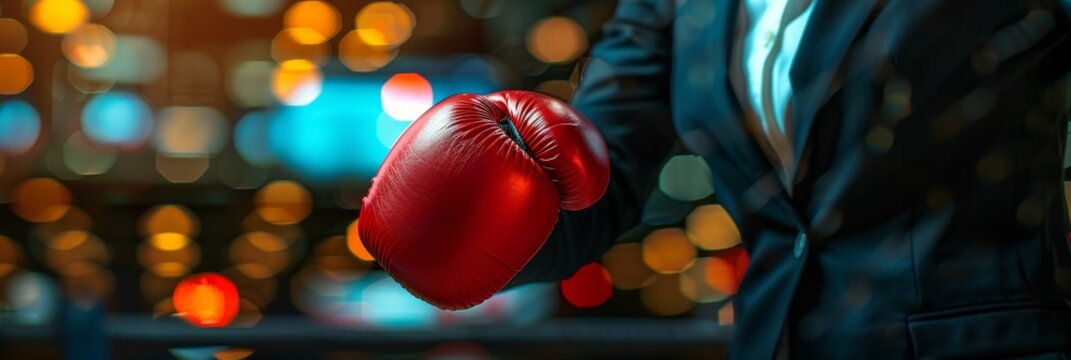Competitive business woman in office attire ready for challenge with boxing gloves