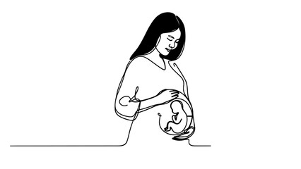 A one continuous line drawing depicting a pregnant asian woman